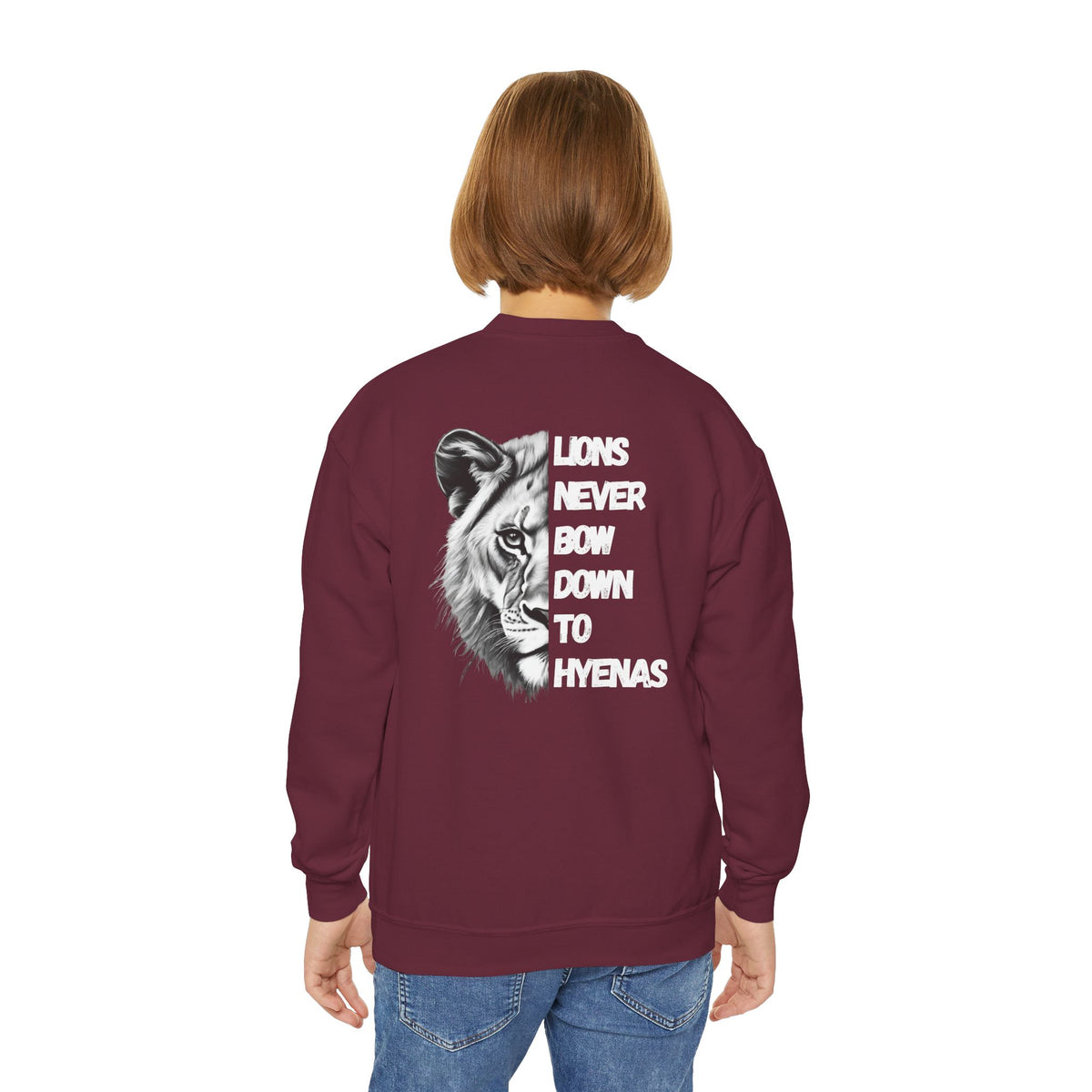 Kids Lions Never Bow Down To Hyenas Youth Crewneck Sweatshirt
