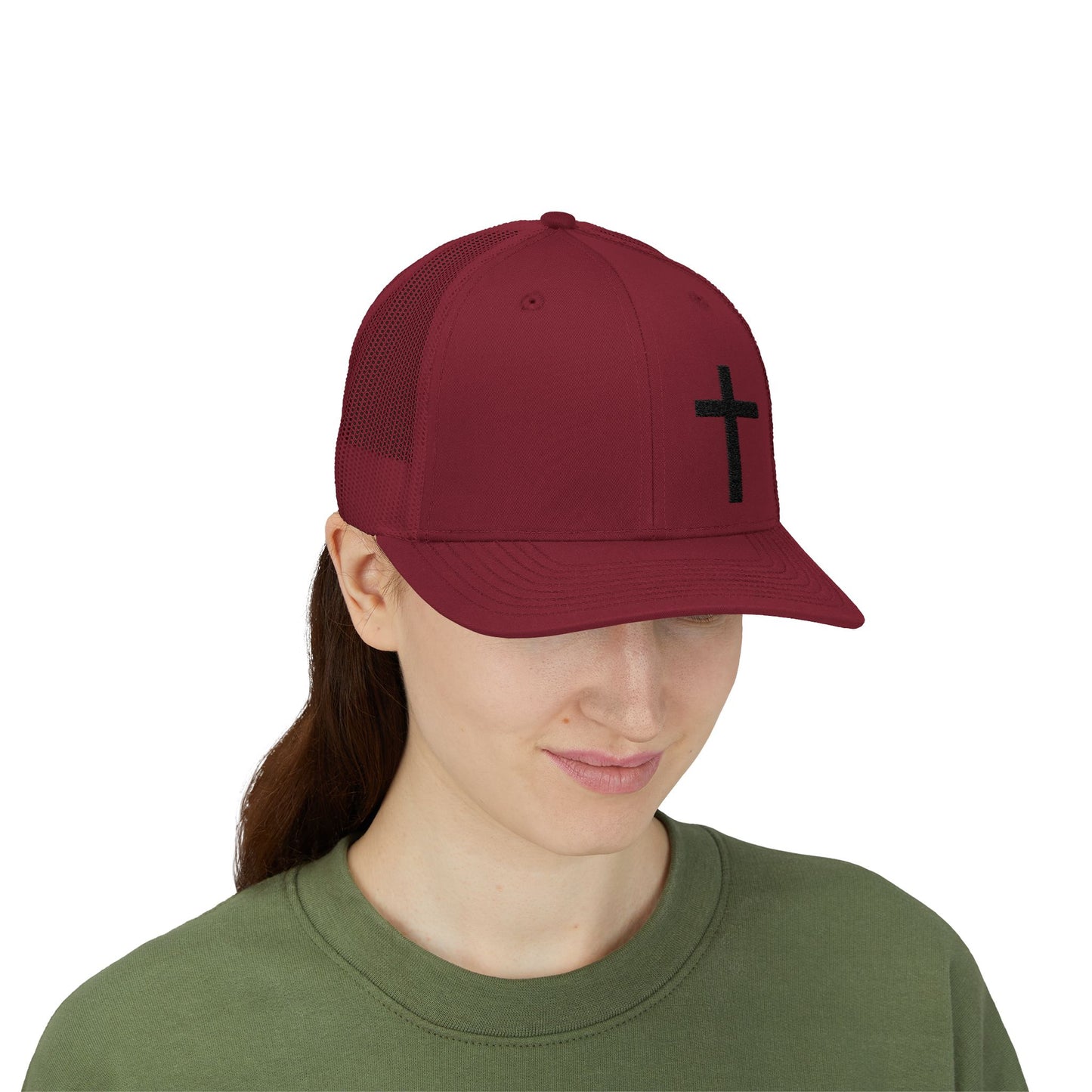 Faith-Inspired Snapback Trucker Cap with Embroidered Cross Design