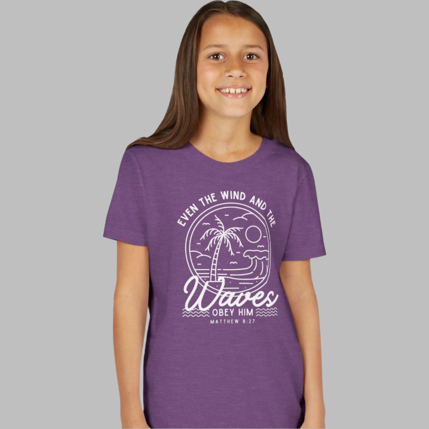 Youth Short Sleeve Tee - 'Even the Wind and the Waves Obey Him' Kids Bible Verse Shirt