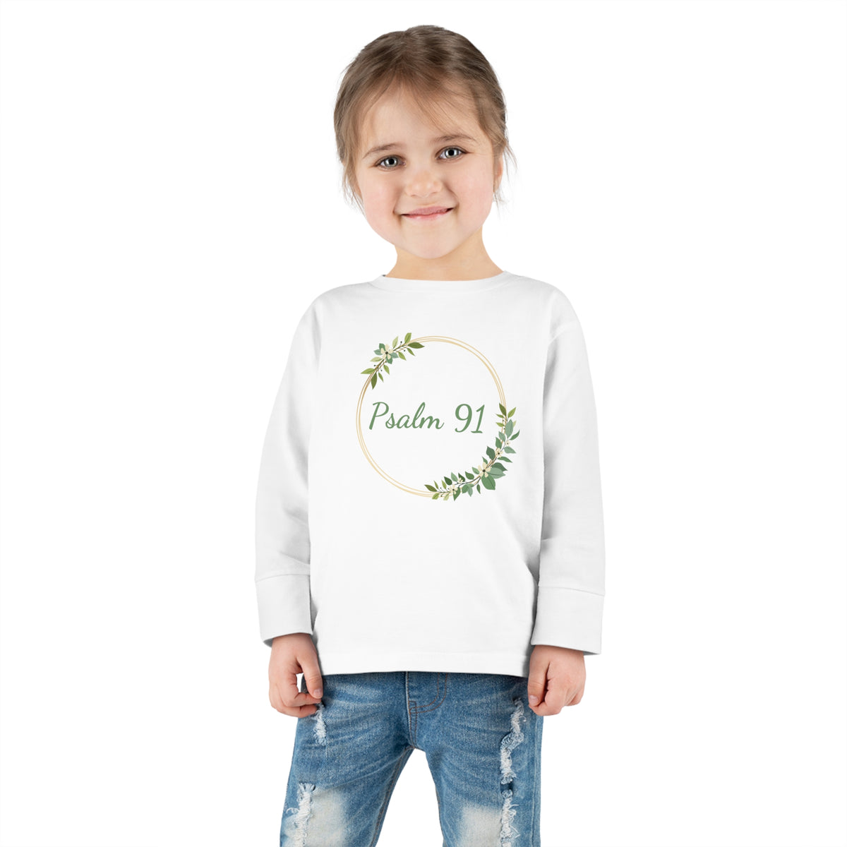 Psalm 91 Little Girl Christian Toddler Long Sleeve Tee - Bible Verse Faith Tee For Girls. Christian Toddler T-shirts. Little Kid's Christian Clothing.