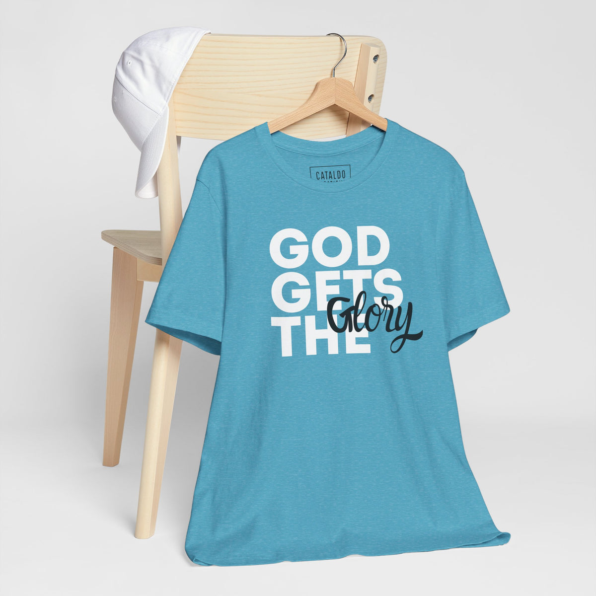 God Gets The Glory! This bold Christian t-shirt has a bold message and is available in many different colors. Grab this Cataldo Creations t-shirt for everyone in the family today!
