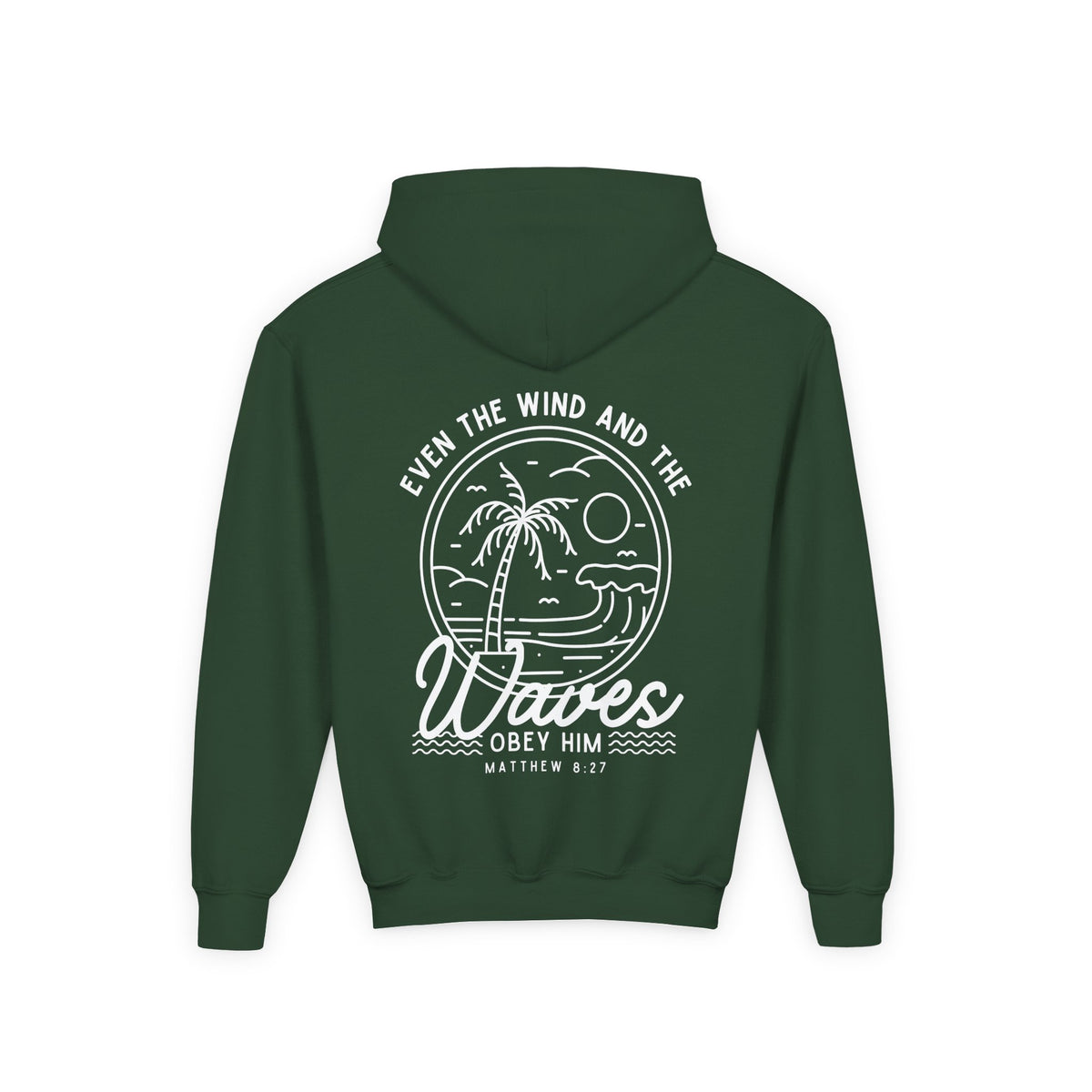 Youth 'Even The Wind And The Waves Obey Him' Bible Verse Hoodie, Beach Vibes Kids Hooded Sweatshirt, Faith-Inspired Teen Hoodie