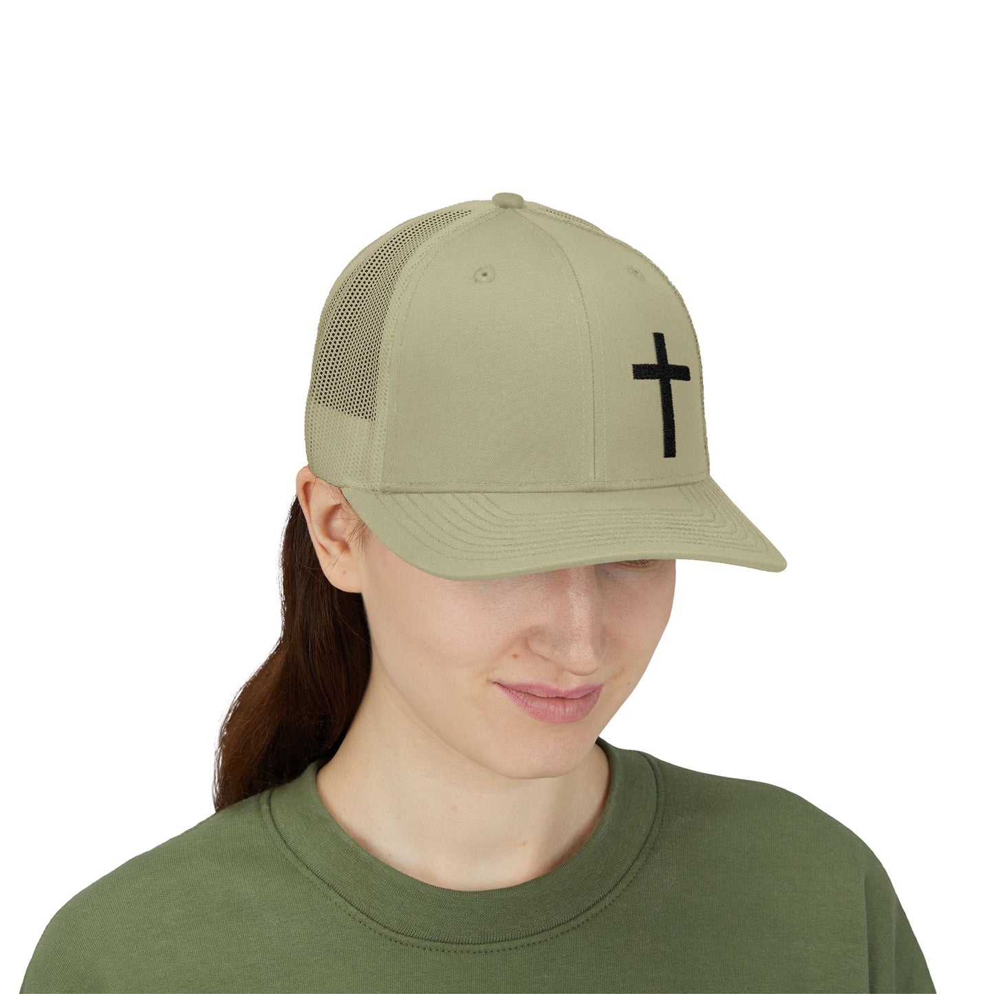 Faith-Inspired Snapback Trucker Cap with Embroidered Cross Design