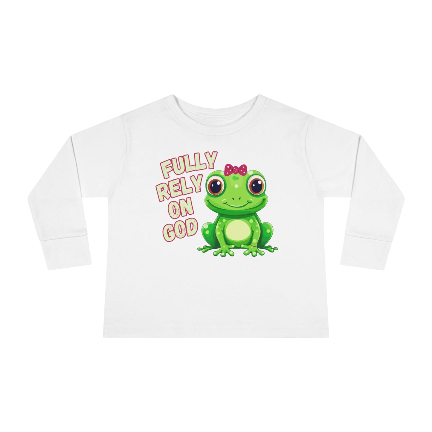FROG. Fully Rely On God. This cute little girl toddler long sleeve t-shirt has an adorable green frog wearing a pink bow. Alongside are the words Fully Rely On God in light green and pink. Perfect for your toddler girl!