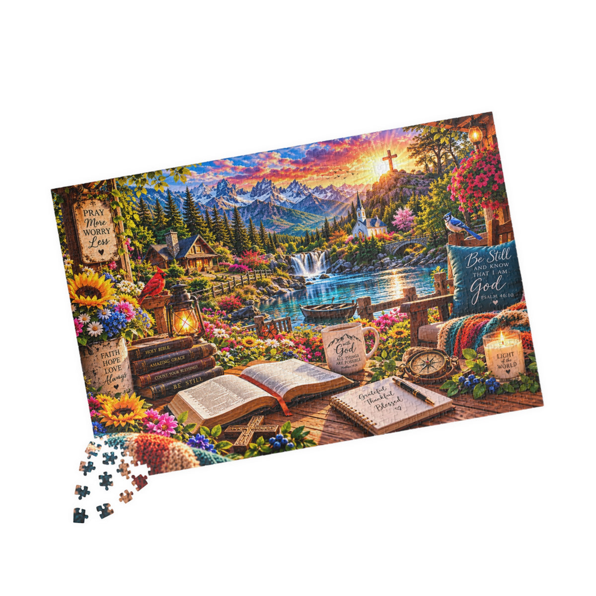 Christian Bible verse jigsaw puzzle featuring a mountain lake, waterfall, chapel, colorful flowers, open Bible, and Pray More Worry Less faith-inspired artwork.