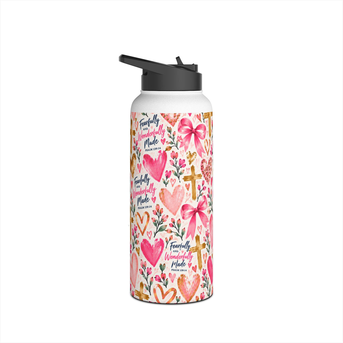 Fearfully and Wonderfully Made Christian insulated water bottle for girls featuring Psalm 139:14, pink hearts, bows, flowers, and gold crosses.