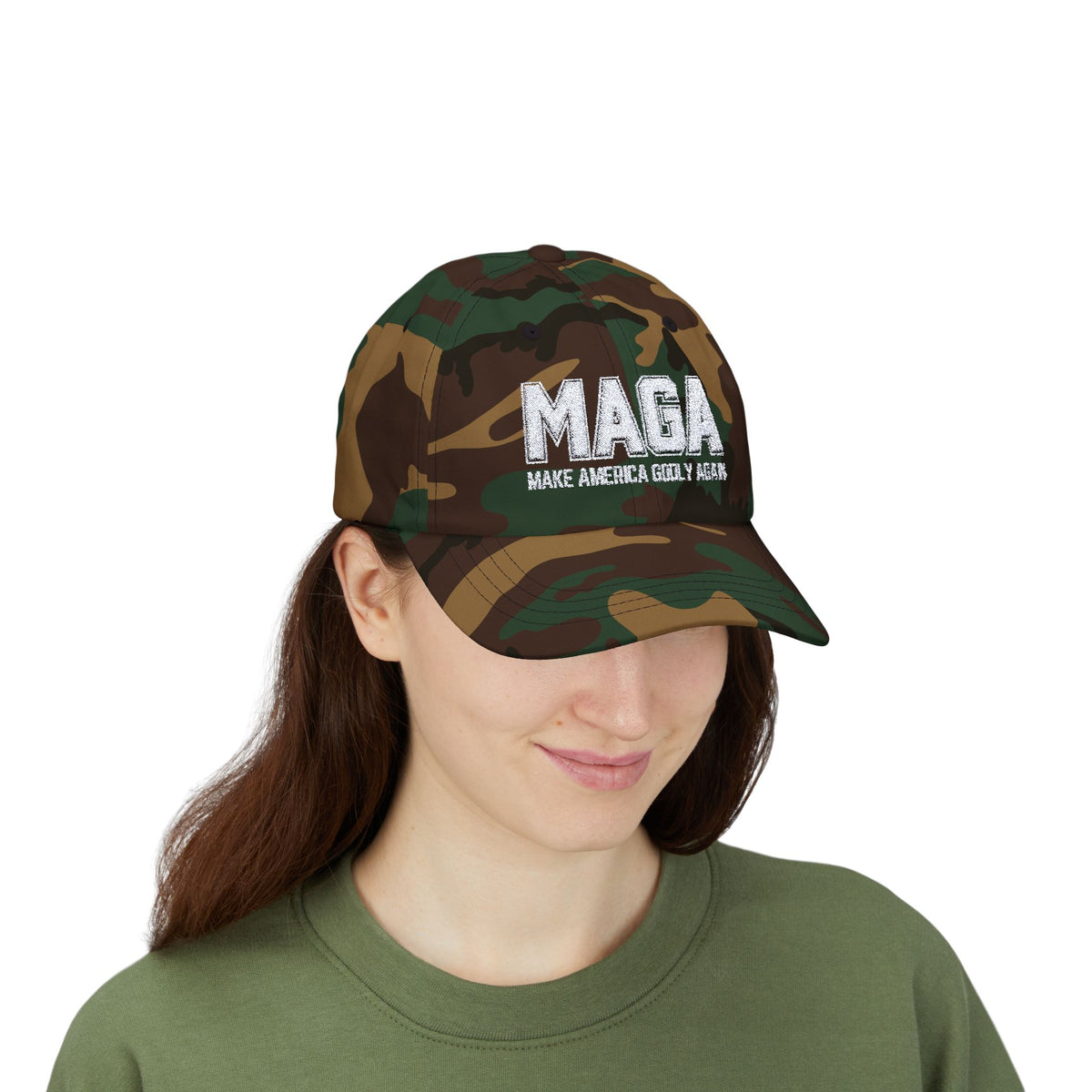 Make America Godly Again Classic Baseball Hat. White Embroidered Design
