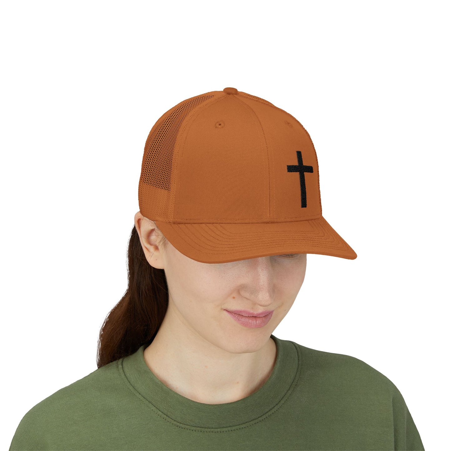 Faith-Inspired Snapback Trucker Cap with Embroidered Cross Design