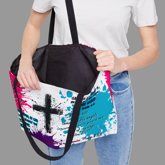 Tote Bag - Bible Verses for Strength and Protection, Colorful Cross Design