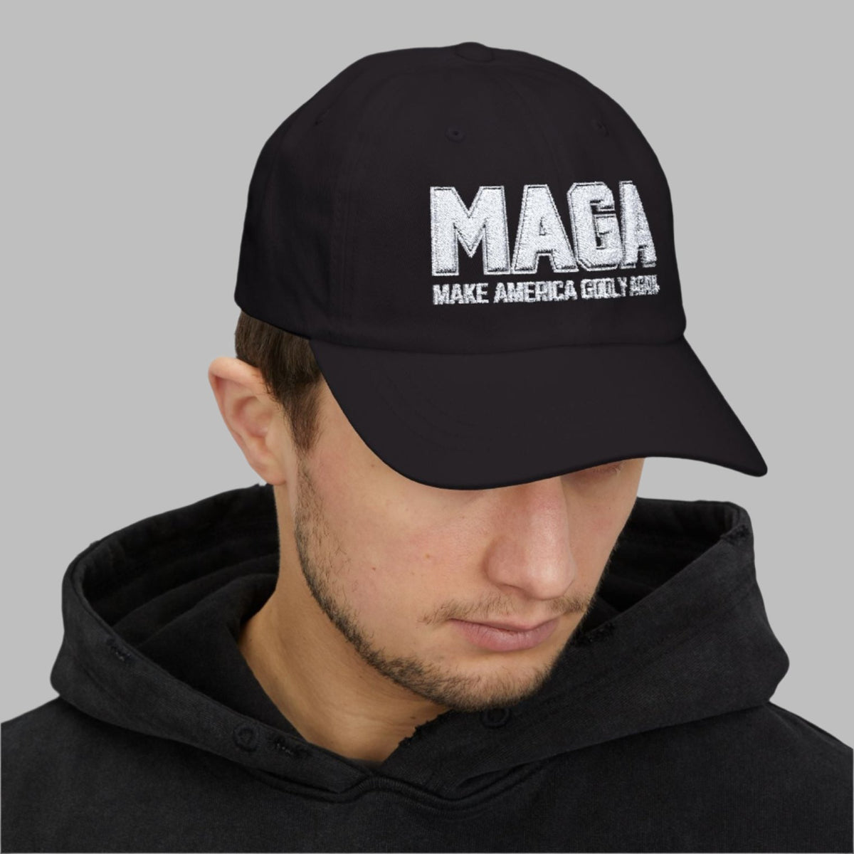 Make America Godly Again Classic Baseball Hat. White Embroidered Design