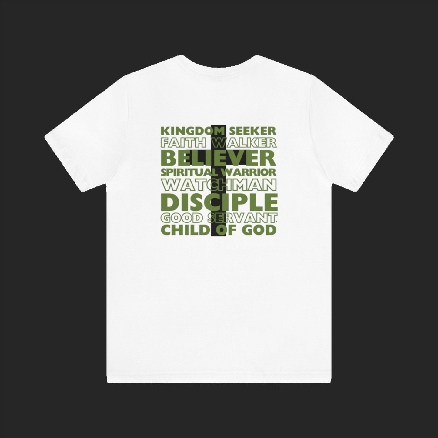 Kingdom Seeker, Faith Walker, Believer, Spiritual Warrior, Watchman, Disciple, Good Servant, Child Of God. This gorgeous Christian crew neck t-shirt has a large faith based design on the back with a cross behind the various names for Children of God. With a subtle cross design on the front, you can wear your faith boldly with this Cataldo Creations short sleeve tee!