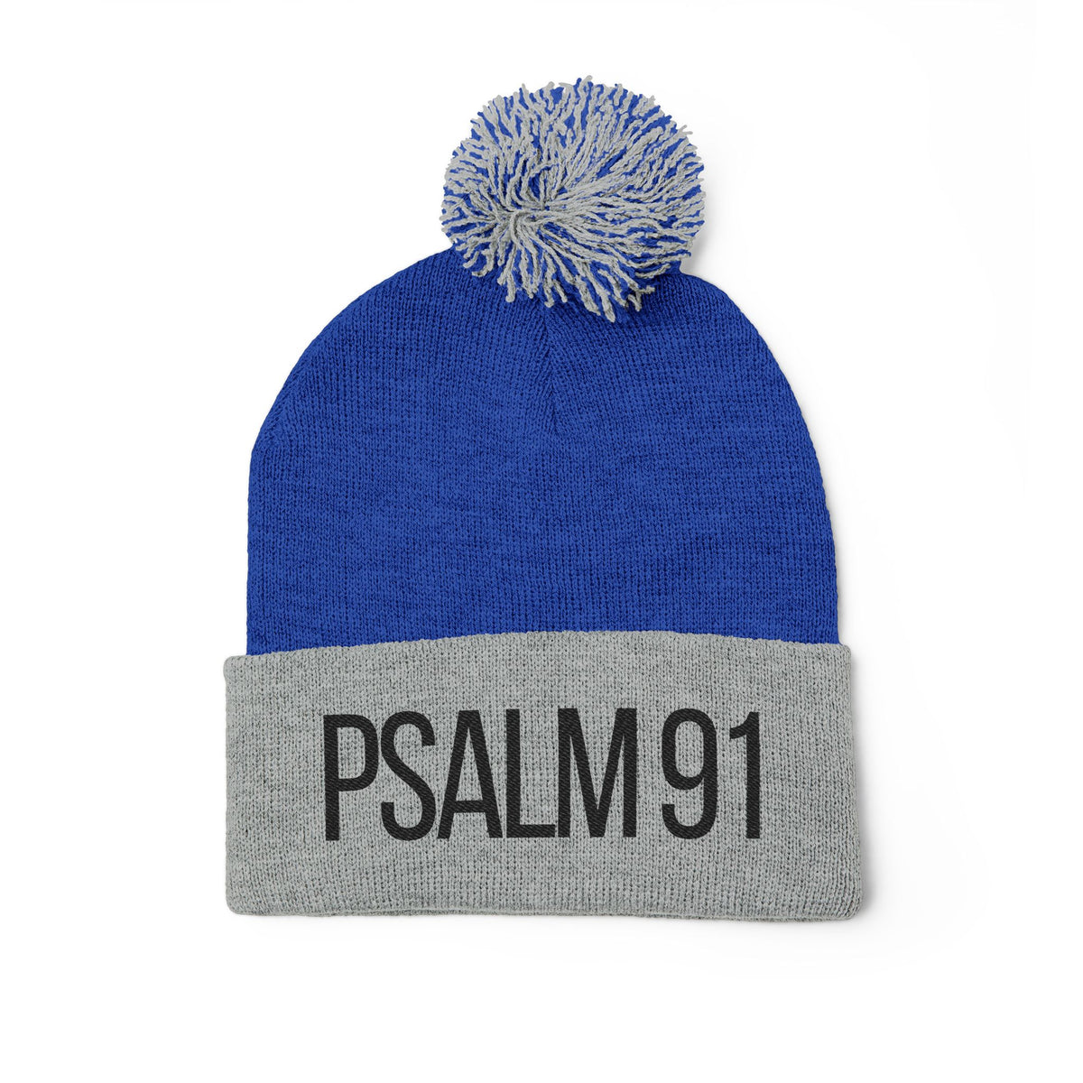 Blue and gray beanie with 'Psalm 91' text on a white background