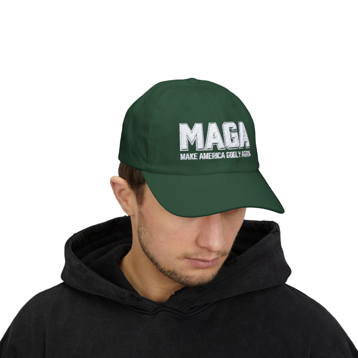 Make America Godly Again Classic Baseball Hat. White Embroidered Design