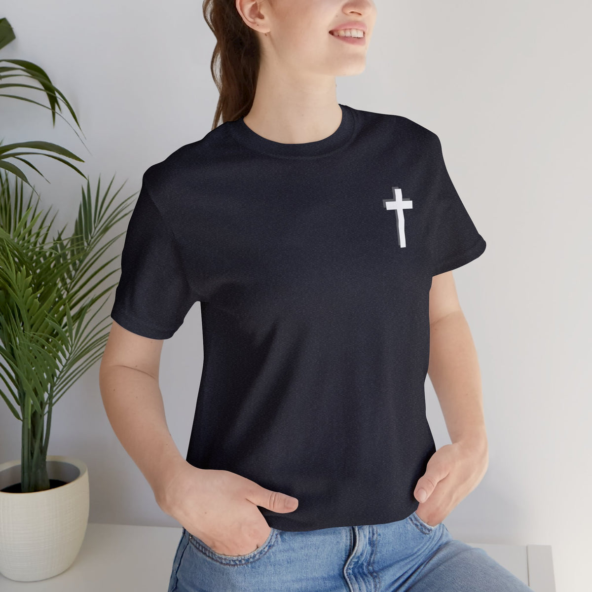 YAHWEH. Counselor. Emmanuel. Everlasting father. Mighty God. Alpha and Omega. THE GREAT I AM. Jehovah. The Names of God. This gorgeous Christian t-shirt has a large faith based design on the back with a cross behind some of the many names of God. With a small cross on the front chest pocket area, you can wear your faith and be bold for God.
