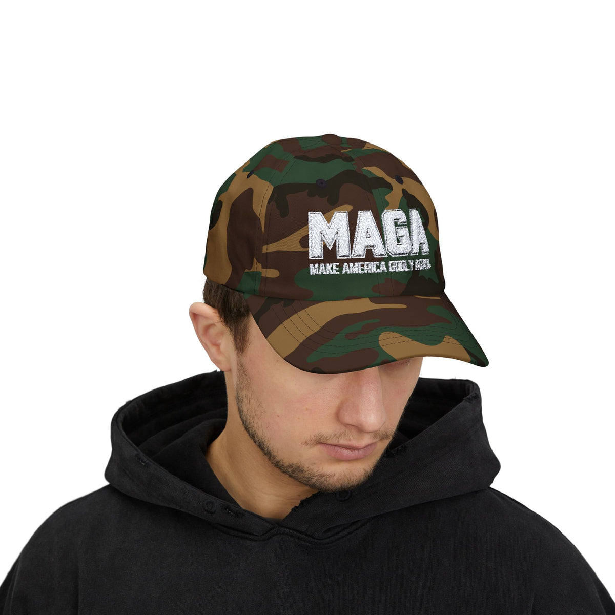 Make America Godly Again Classic Baseball Hat. White Embroidered Design
