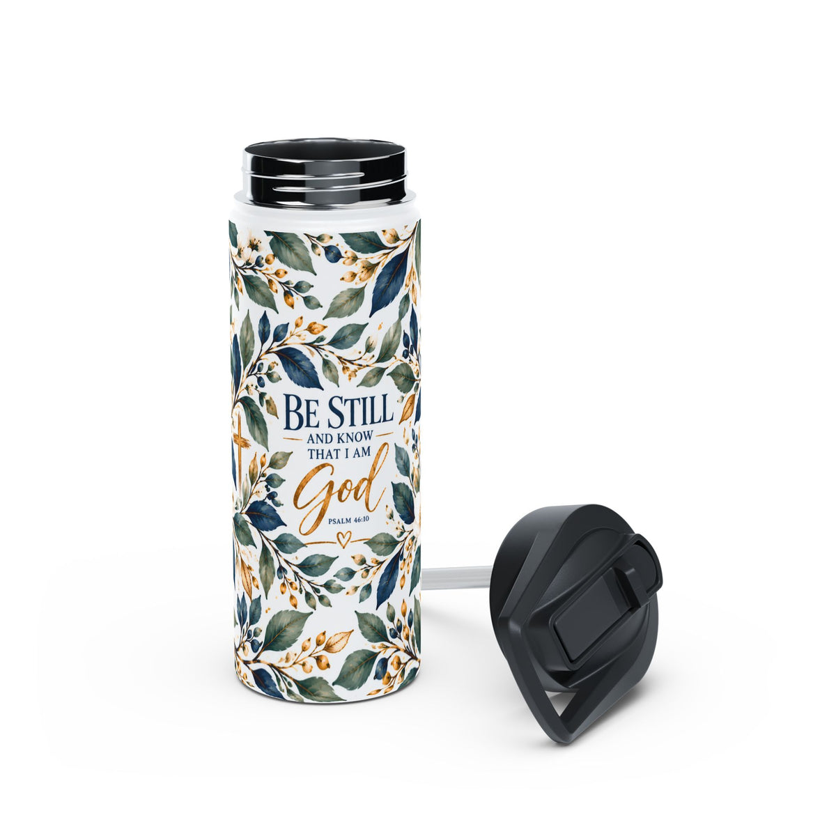 Be Still and Know Psalm 46:10 Christian insulated stainless steel water bottle featuring navy blue, sage green, and gold watercolor botanical artwork.