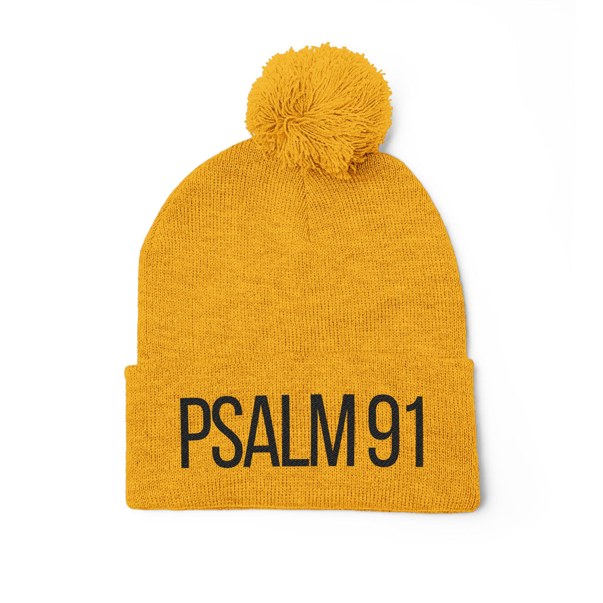 Yellow beanie with 'PSALM 91' text on a white background