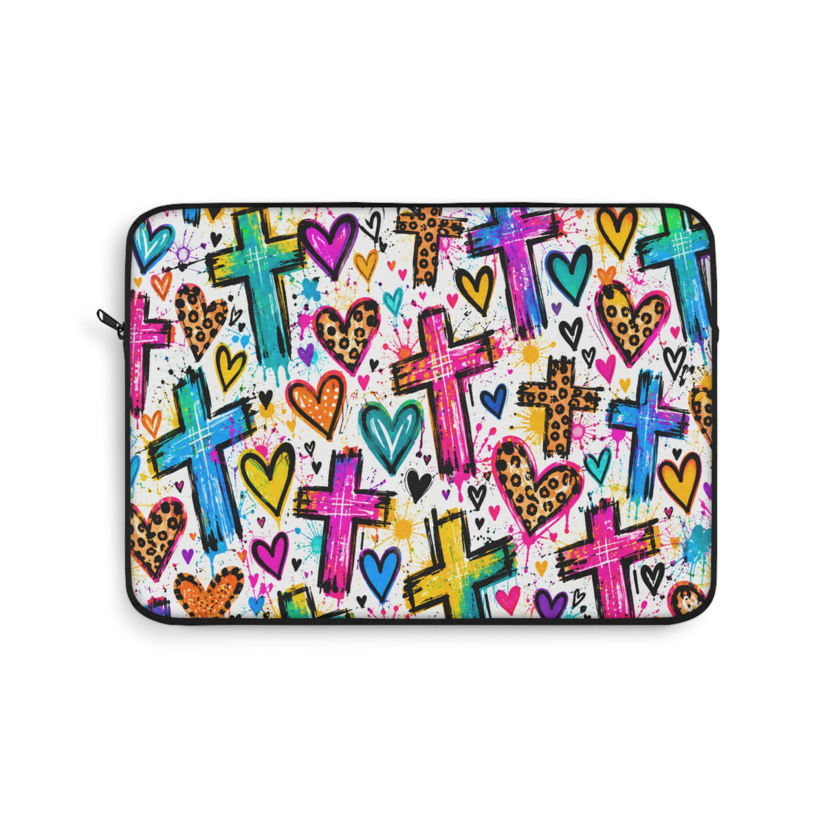 Colorful Christian laptop sleeve featuring bright graffiti-style crosses, pink and turquoise hearts, leopard-print accents, and vibrant paint splatters with black zipper trim.