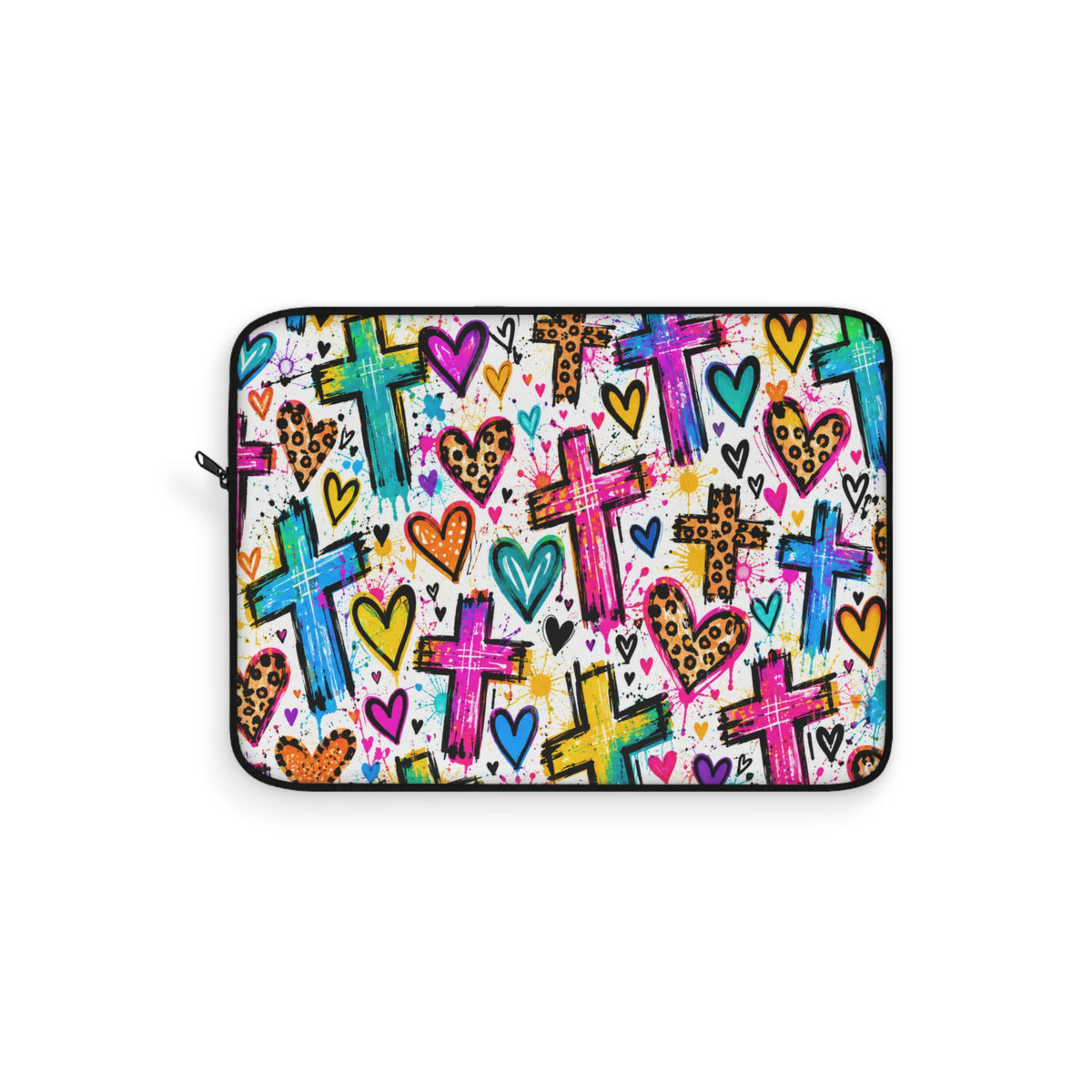 Colorful Christian laptop sleeve featuring bright graffiti-style crosses, pink and turquoise hearts, leopard-print accents, and vibrant paint splatters with black zipper trim.