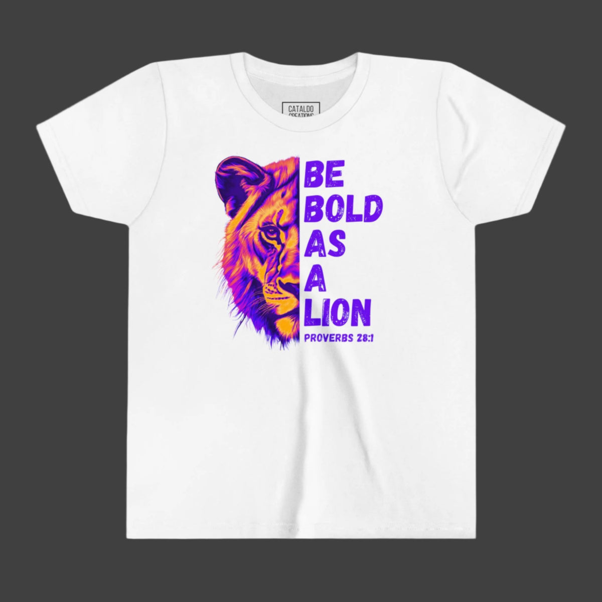 Kids Be Bold As A Lion Bible Verse Short Sleeve Tee. Purple Design