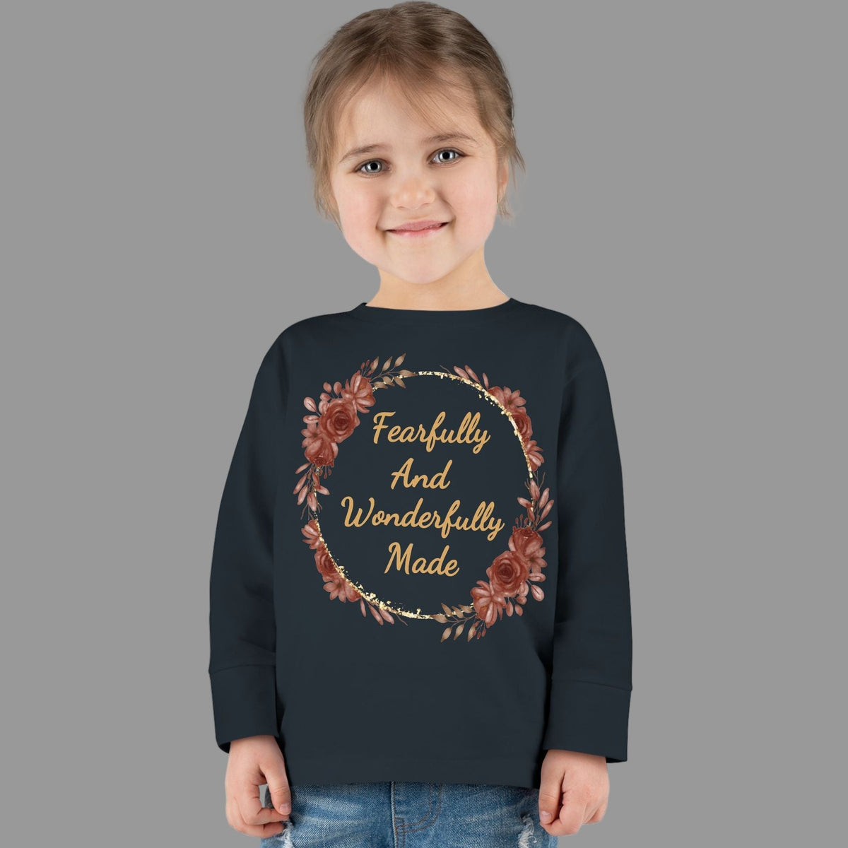Toddler Fearfully And Wonderfully Made Long Sleeve Tee, Charming Kids Shirt, Baby Birthday Gift, Cute Toddler Floral Bible Verse Design Tee
