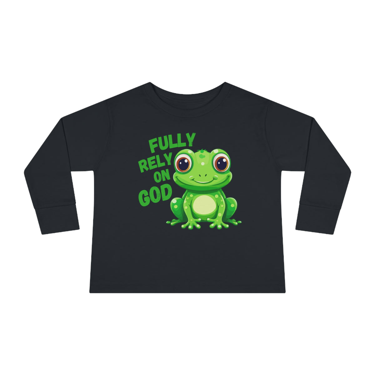 FROG. Fully Rely On God. This cute toddler long sleeve t-shirt has an adorable green frog with the words Fully Rely On God in green. Perfect for your Christian toddler!