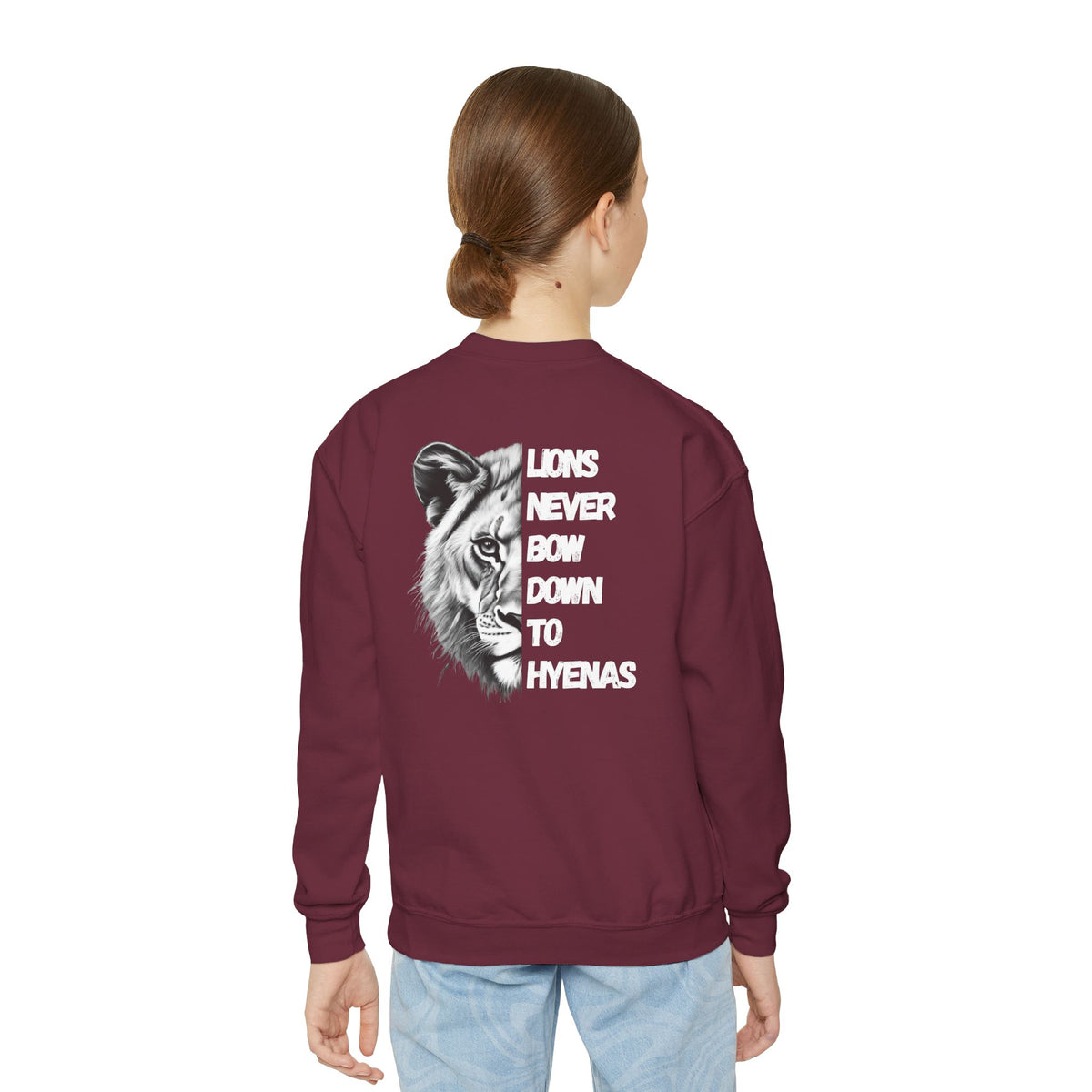 Kids Lions Never Bow Down To Hyenas Youth Crewneck Sweatshirt