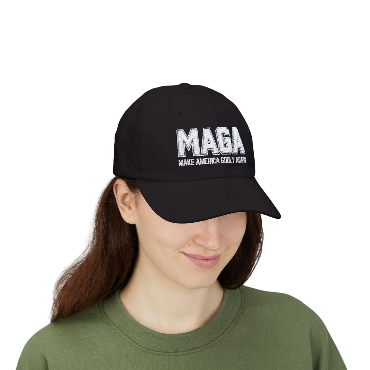 Make America Godly Again Classic Baseball Hat. White Embroidered Design