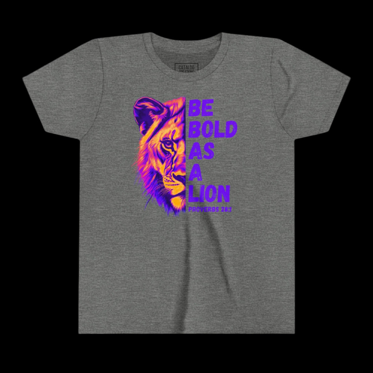 Kids Be Bold As A Lion Bible Verse Short Sleeve Tee. Purple Design