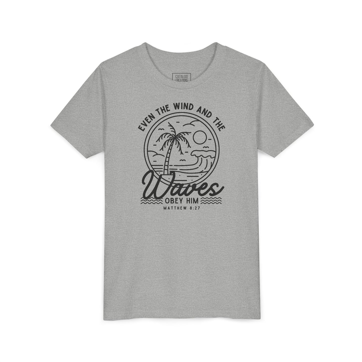Youth Short Sleeve Tee - 'Even the Wind and the Waves Obey Him' Kids Bible Verse Shirt