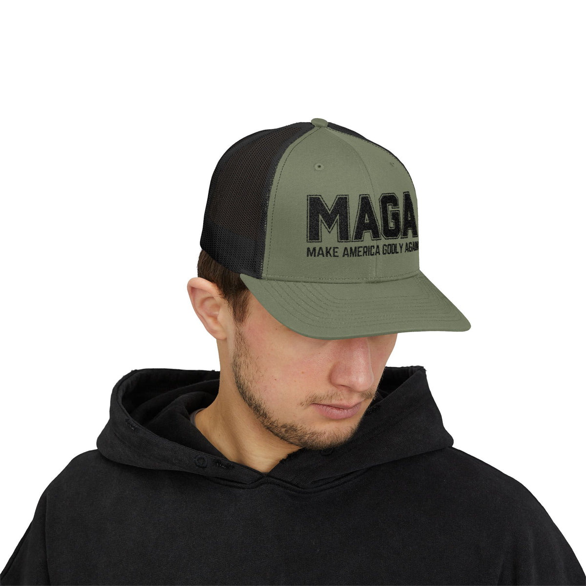 Make America GODLY Again Snapback Trucker Cap. Black Embroidered Hat