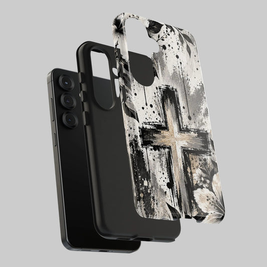Black & White Floral Cross Christian Phone Case | Faith-Inspired Protective iPhone Case