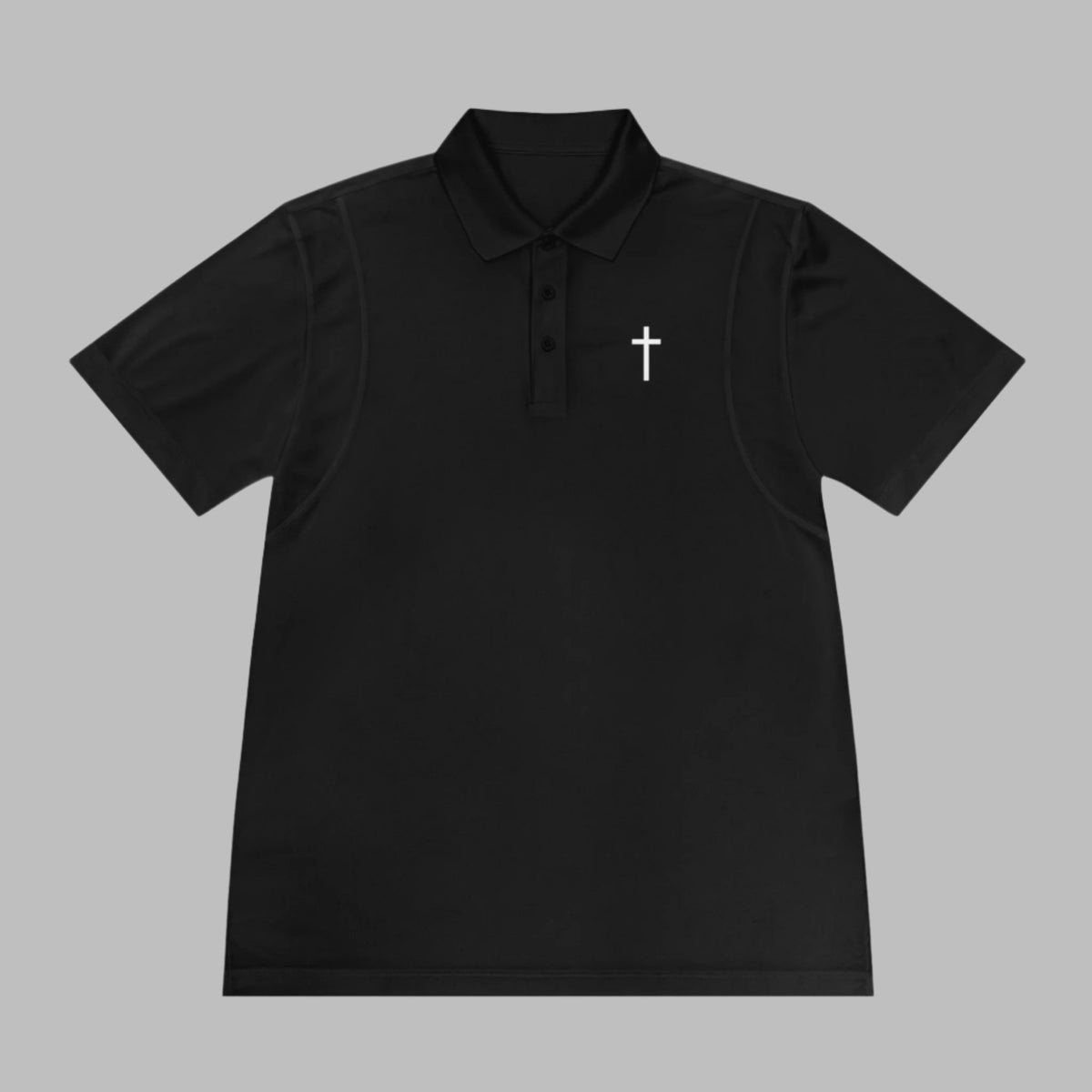 Meet the Cataldo Creations Cross Golf Polo for men. This lightweight, fast drying athletic polo is a perfect conversation starter on the course. With a small cross on the front chest, this design is simple and timeless. Christian golfer. Christian athletic apparel. Faith based apparel.
