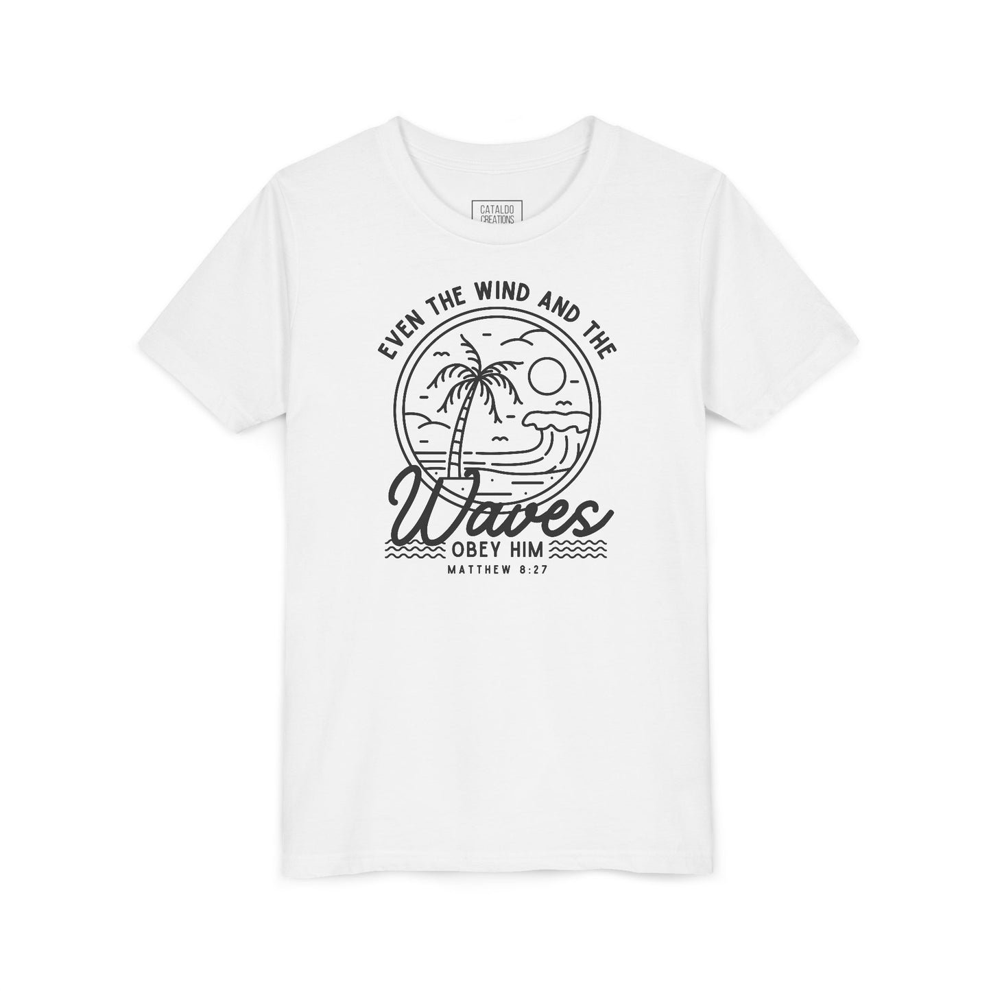 Youth Short Sleeve Tee - 'Even the Wind and the Waves Obey Him' Kids Bible Verse Shirt