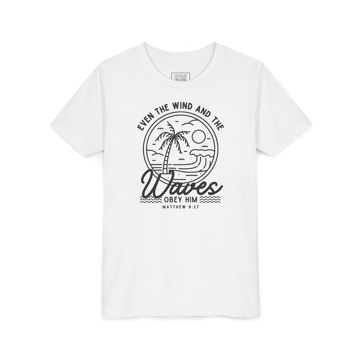 Youth Short Sleeve Tee - 'Even the Wind and the Waves Obey Him' Kids Bible Verse Shirt