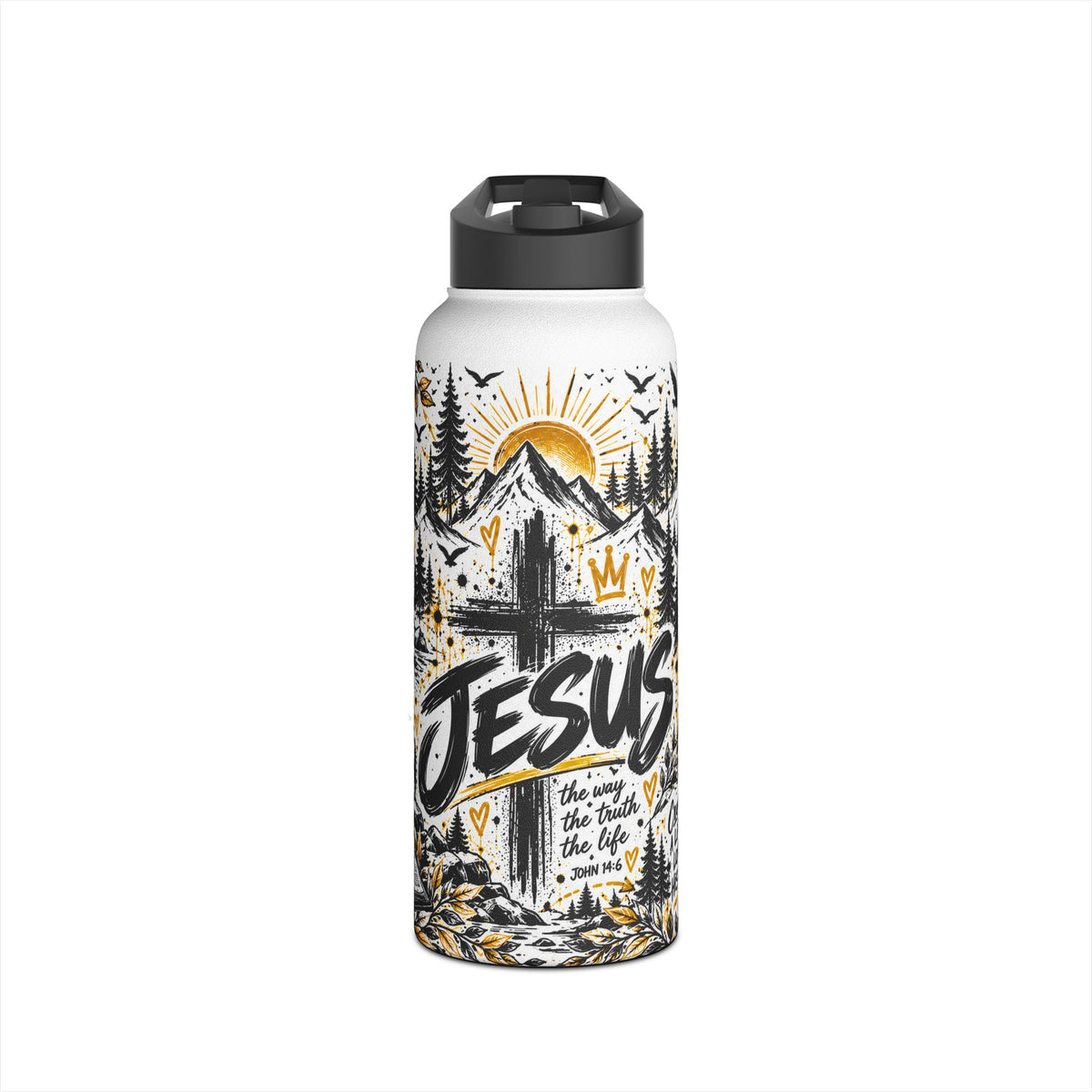 Jesus Christian insulated stainless steel water bottle with bold black, white and gold graffiti artwork, cross, mountains, pine trees and John 14:6 Scripture design.