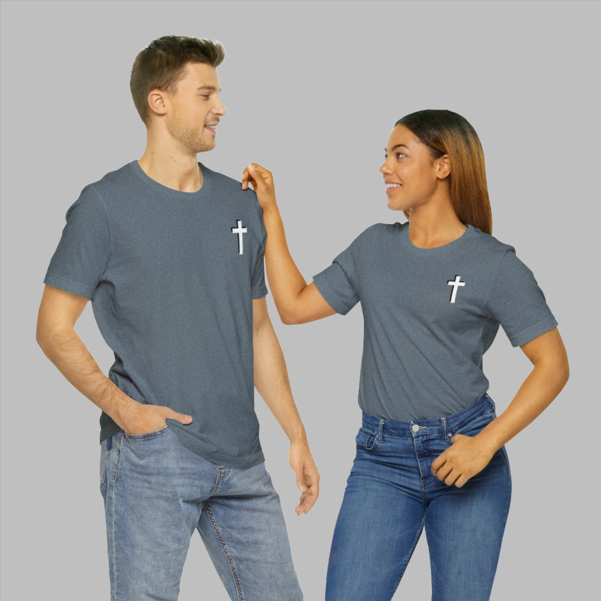 Kingdom Seeker, Faith Walker, Believer, Spiritual Warrior, Watchman, Disciple, Good Servant, Child Of God. This gorgeous Christian crew neck t-shirt has a large faith based design on the back with a cross behind the various names for Children of God. With a subtle cross design on the front, you can wear your faith boldly with this Cataldo Creations short sleeve tee!
