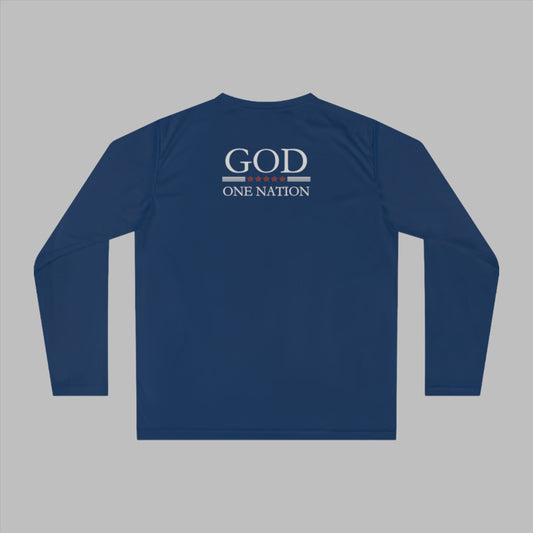 One Nation Under God, 1776 Patriotic UV protection, moisture wicking and fast drying long sleeve shirt for men & women. This Cataldo Creations tee has 1776 on the front chest pocket area and One Nation Under God on the back. Show your patriotism with this American Patriot long sleeve tee today! 