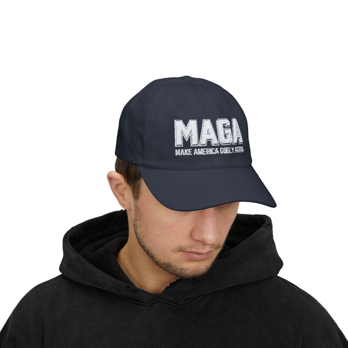 Make America Godly Again Classic Baseball Hat. White Embroidered Design