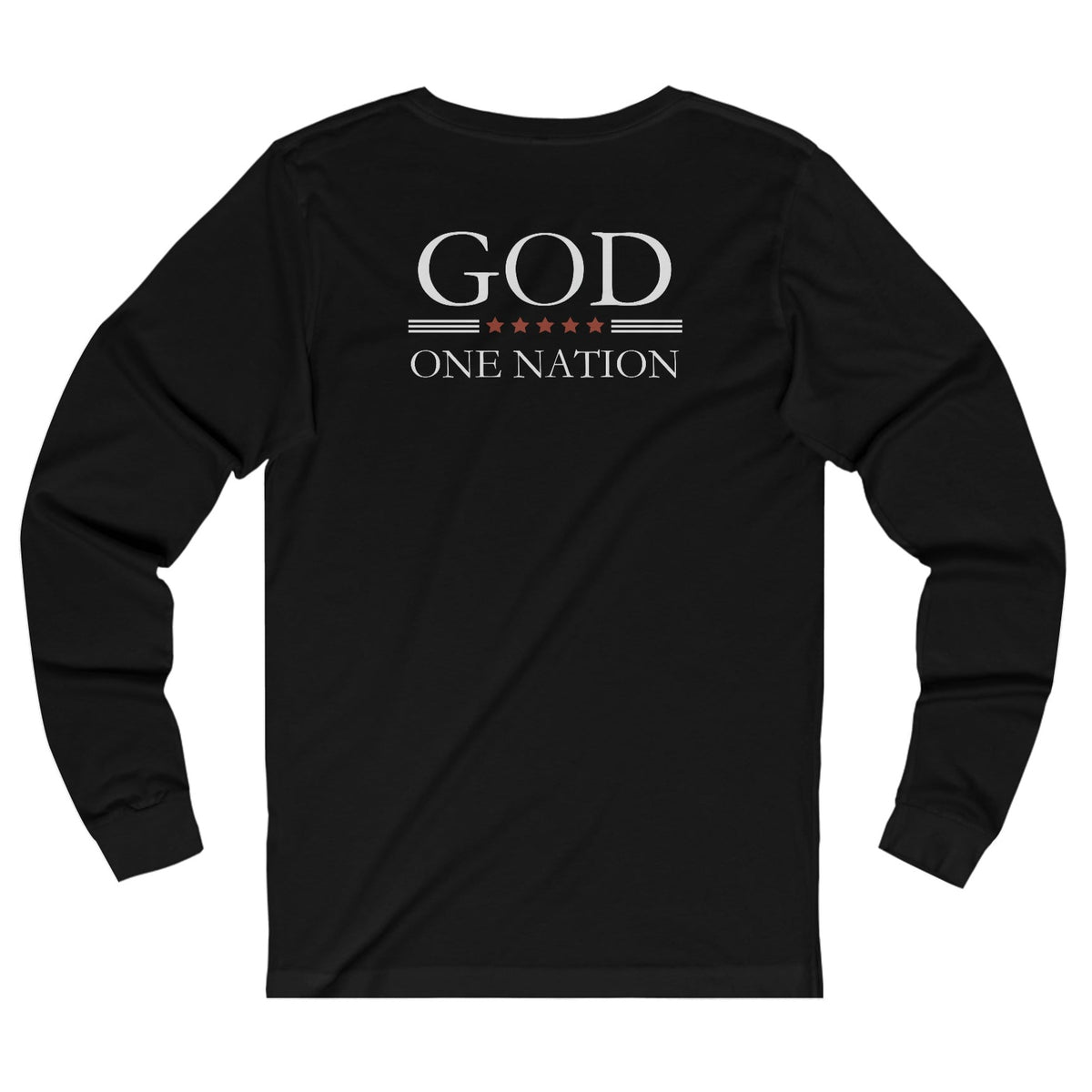 One Nation Under God, 1776 Patriotic long sleeve shirt for men and women. This Cataldo Creations tee has 1776 on the front chest pocket area and One Nation Under God on the back. Show your patriotism with this American Patriot long sleeve tee today!