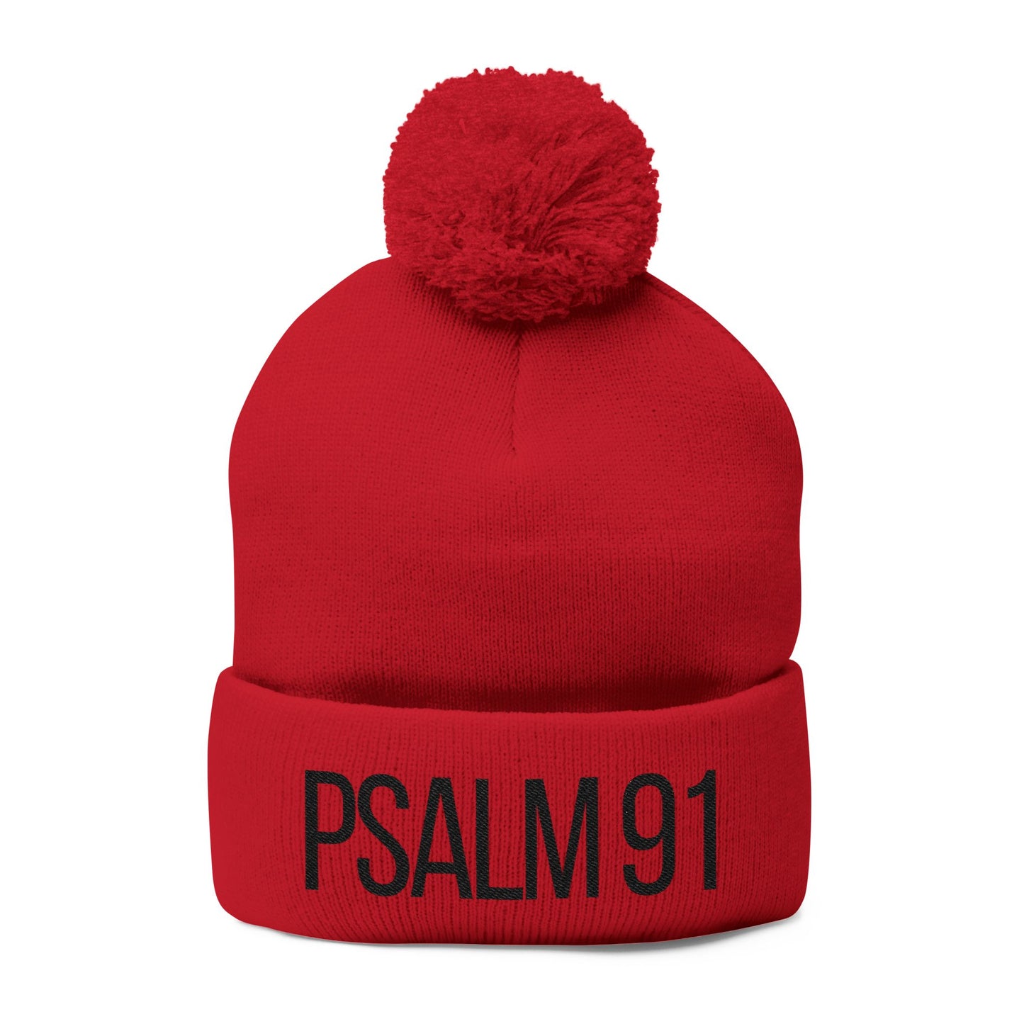 Psalm 91 Pom-Pom Knit Cap — Embroidered Winter Beanie for Faith & Comfort