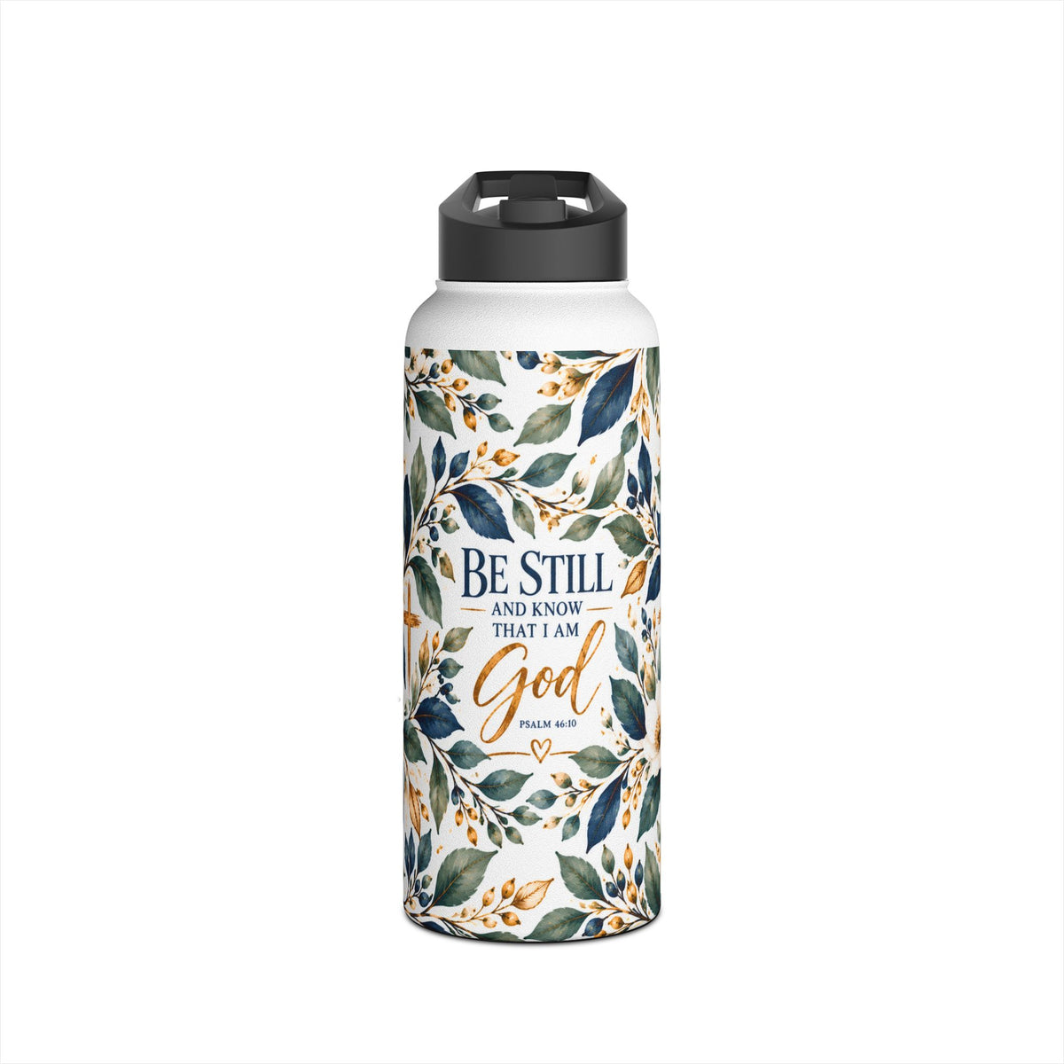 Be Still and Know Psalm 46:10 Christian insulated stainless steel water bottle featuring navy blue, sage green, and gold watercolor botanical artwork.