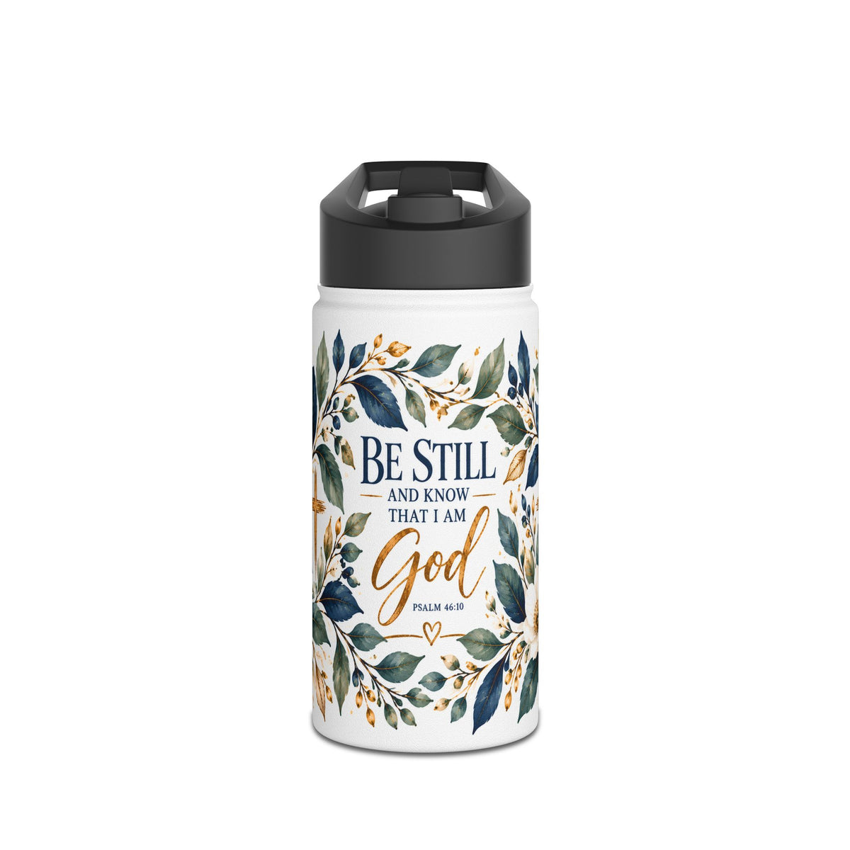 Be Still and Know Psalm 46:10 Christian insulated stainless steel water bottle featuring navy blue, sage green, and gold watercolor botanical artwork.