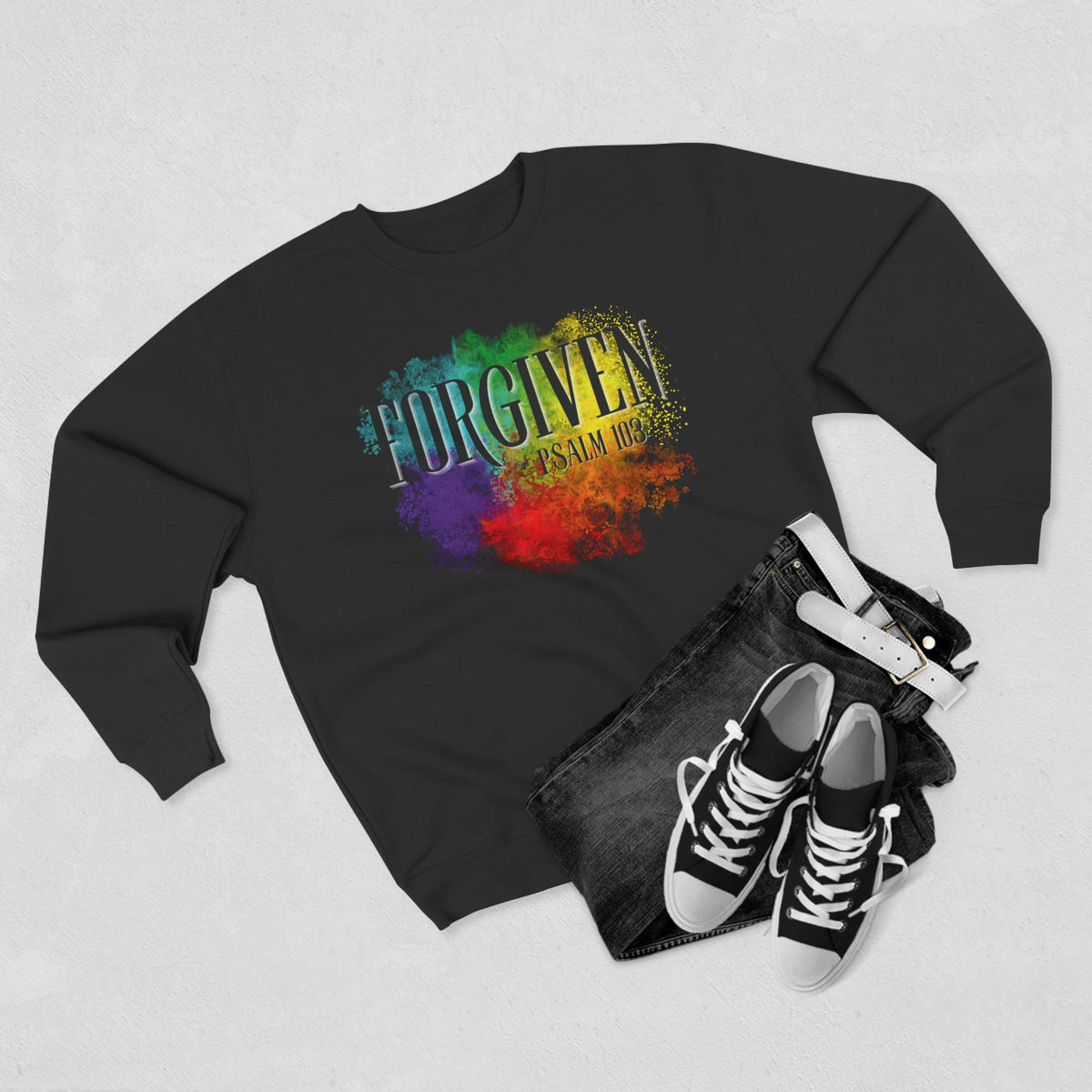 Experience the ultimate comfort and style with our Forgiven Christian Crewneck Super Soft Sweatshirt. This Psalm 103 inspired sweatshirt will not only keep you warm, but also add a splash of color to your wardrobe. Embrace forgiveness and show your faith with this must-have piece.