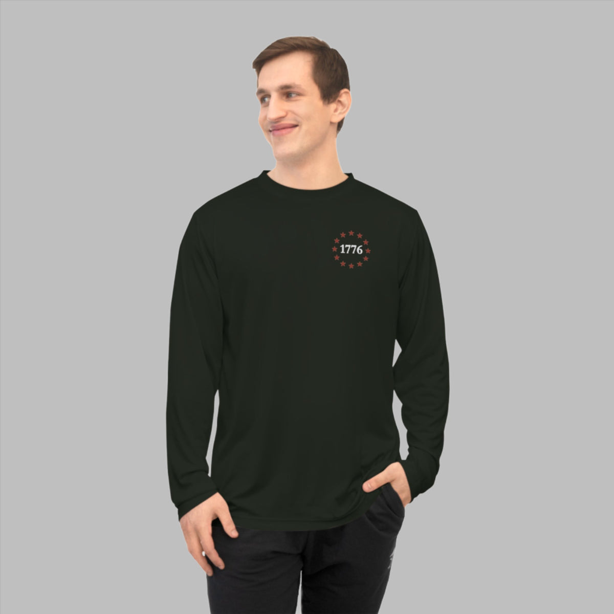 One Nation Under God, 1776 Patriotic UV protection long sleeve shirt for men and women. This Cataldo Creations tee has 1776 on the front chest pocket area and One Nation Under God on the back. Show your patriotism with this American Patriot long sleeve tee today! 