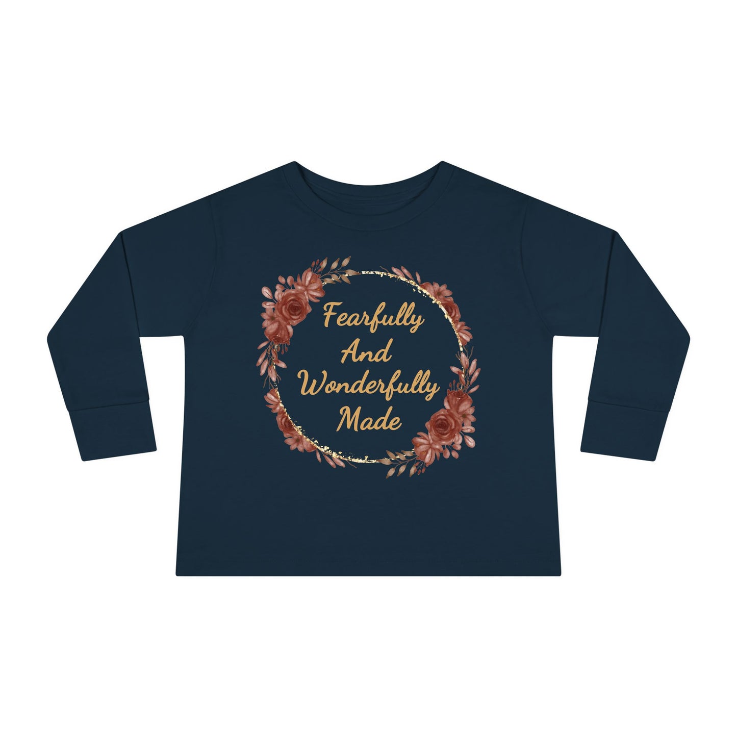 Toddler Fearfully And Wonderfully Made Long Sleeve Tee, Charming Kids Shirt, Baby Birthday Gift, Cute Toddler Floral Bible Verse Design Tee