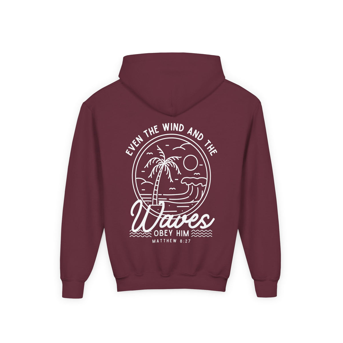 Youth 'Even The Wind And The Waves Obey Him' Bible Verse Hoodie, Beach Vibes Kids Hooded Sweatshirt, Faith-Inspired Teen Hoodie