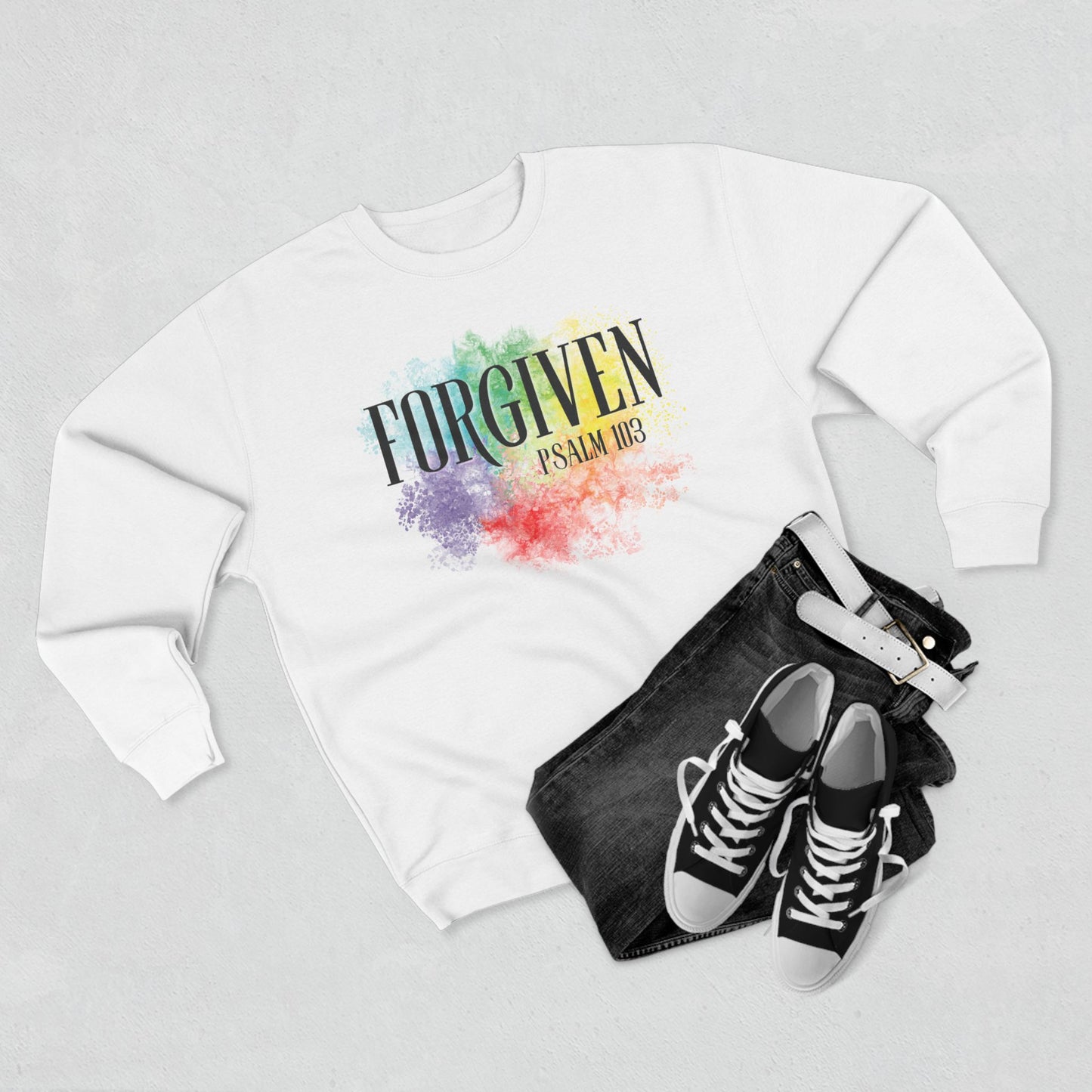 Experience the ultimate comfort and style with our Forgiven Christian Crewneck Super Soft Sweatshirt. This Psalm 103 inspired sweatshirt will not only keep you warm, but also add a splash of color to your wardrobe. Embrace forgiveness and show your faith with this must-have piece.