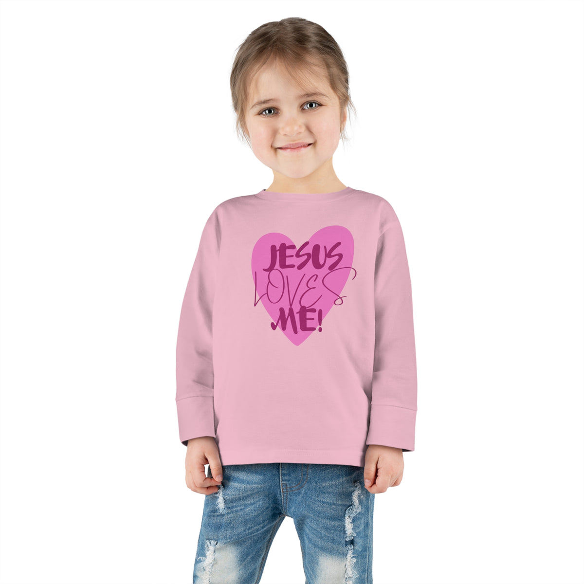 Jesus Loves Me Christian toddler long sleeve tee. Toddler Long sleeve t-shirt. Pink heart Jesus loves me toddler tee.