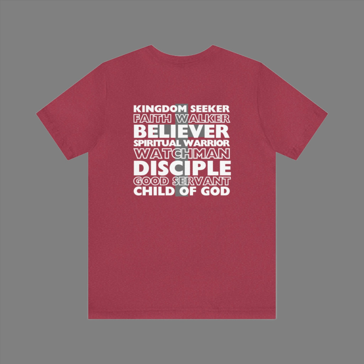 Kingdom Seeker, Faith Walker, Believer, Spiritual Warrior, Watchman, Disciple, Good Servant, Child Of God. This gorgeous Christian crew neck t-shirt has a large faith based design on the back with a cross behind the various names for Children of God. With a subtle cross design on the front, you can wear your faith boldly with this Cataldo Creations short sleeve tee!